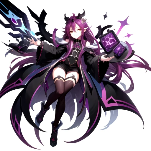 <lora:VeigasTerre-05:0.7>, veigas, long hair, looking at viewer, smile, thighhighs, long sleeves, very long hair, boots, wings, horns, high heels, white thighhighs, facial mark, floating, high heel boots, forehead mark, forehead jewel