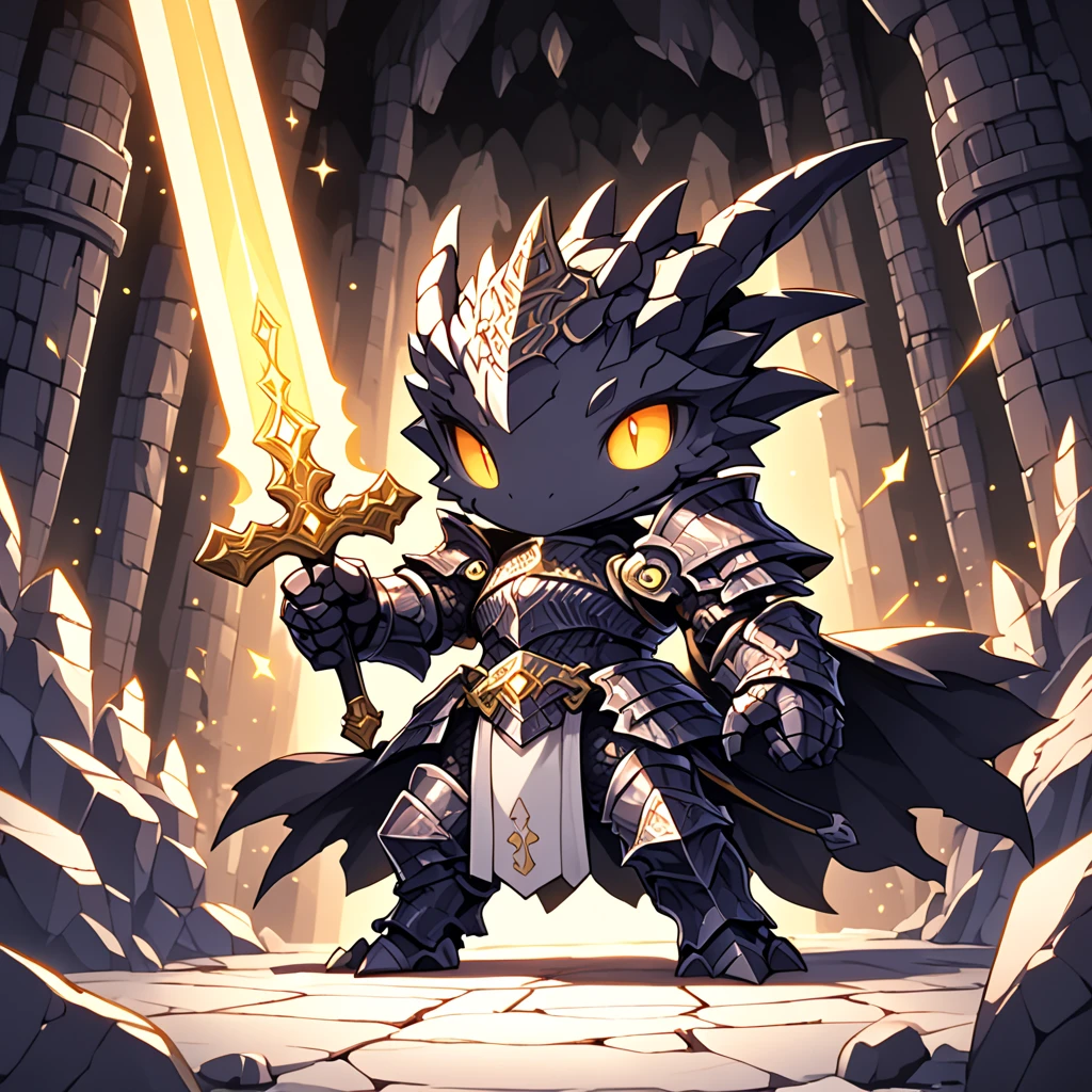 a super cute white dragon chibi knight, wearing black armor, wielding glowing sword, helmet, fantasy dungeon temple in background, HD, masterpiece, best quality, hyper detailed, ultra detailed, super realistic