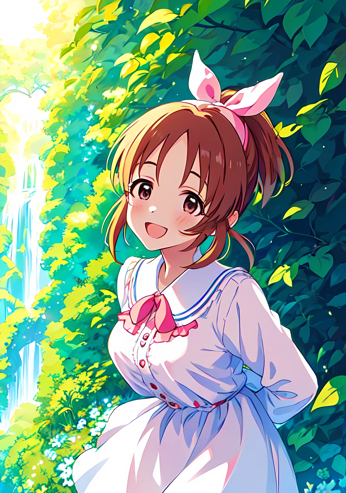 <lora:abe_v2:0.8>,abe nana,1girl,super fine illustration,masterpiece,best quality,eternal seventeen,front view,:d,blouse,leaning_forward,arms_behind_back,nature,
