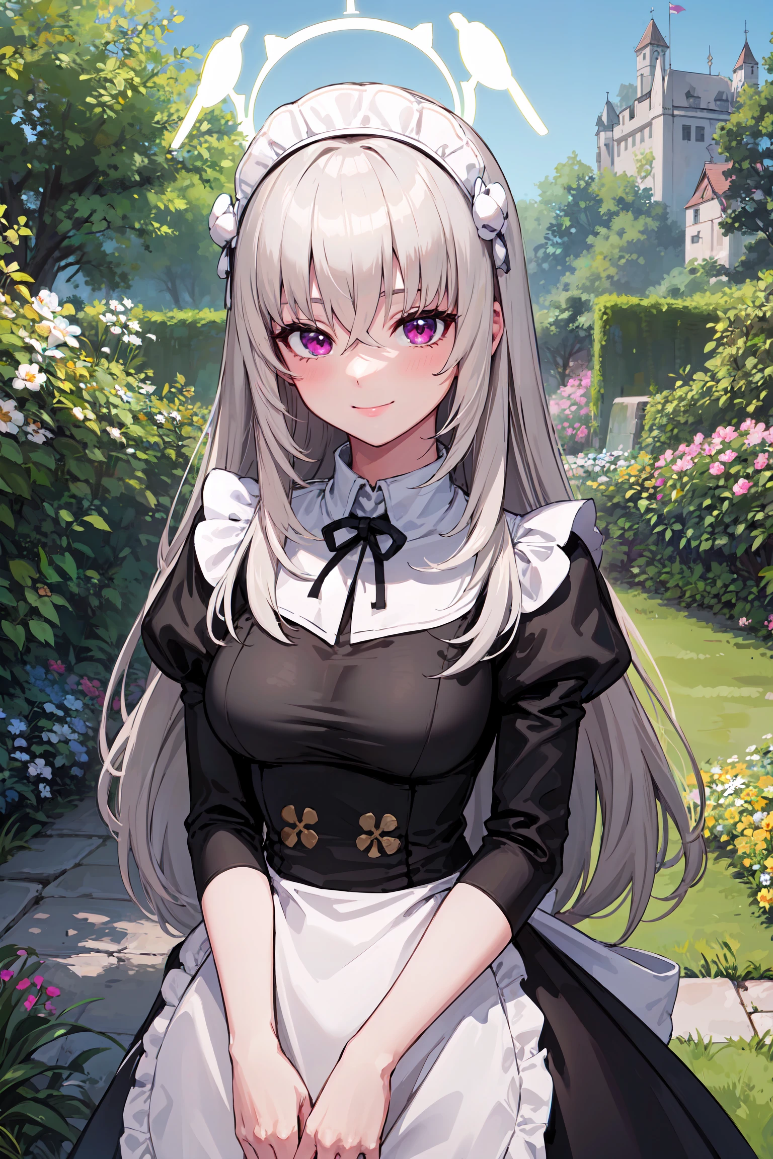 masterpiece, best quality, cowboy shot, looking at viewer, smile, sakurako utazumi, halo, very long hair, maid headdress, black dress, waist apron, juliet sleeves, v arms, outdoors, garden, castle, <lora:sakurako_utazumi_v1:0.8>