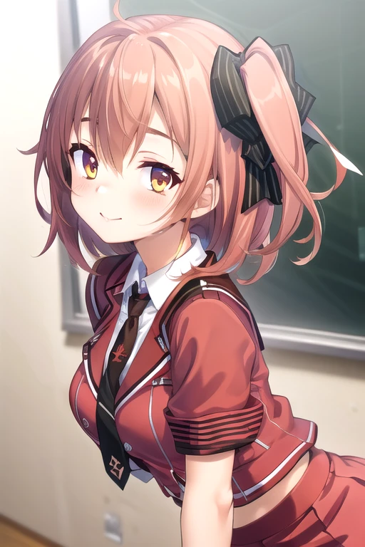((masterpiece)),(best quality),official art,extremely detailed CG,unity 8k wallpaper,ultra detailed,beautiful detailed eyes,extremely detailed face,classroom,1girl,solo,upper body,(portrait:1.5),looking at viewer,facing viewer,smile,long hair,pink hair,one side up,hair ribbon,black ribbon,braid,hair bow,hair between eyes,yellow eyes,sidelocks,red jacket,(open jacket:1.1),white shirt,collared shirt,red necktie,short sleeves,large breasts,miniskirt,pleated skirt,red skirt,white socks,loafers,<lora:Futaba Itsuki(aosa)>,