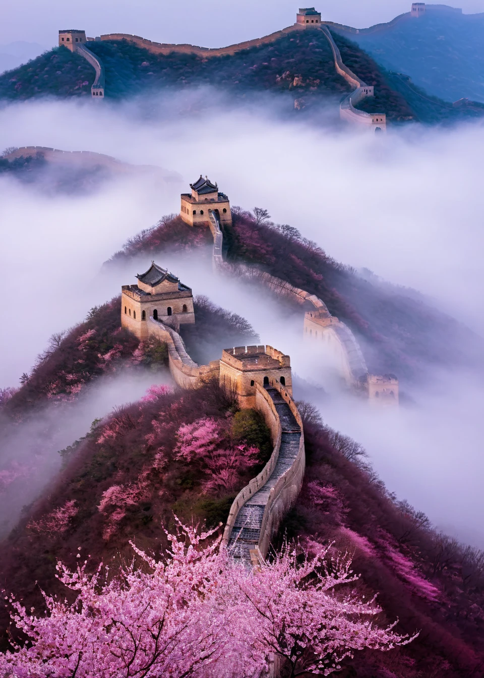 <lora:é¿å:1>,The Great Wall, no humans, scenery, tree, outdoors, cloud, sky, cherry blossoms, building, architecture, house, cloudy sky, fog, east asian architecture, nature, landscape, masterpiece, best quality,
