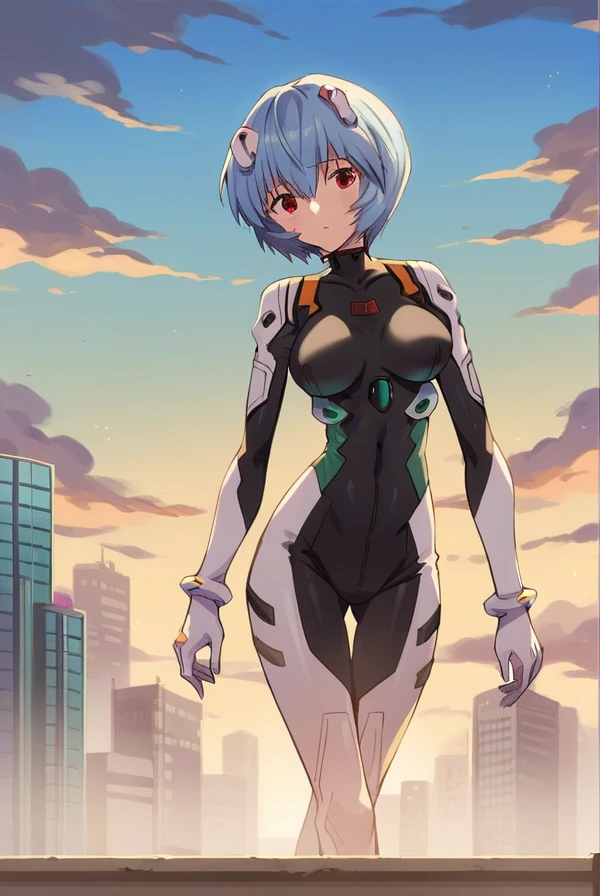 score_9, score_8_up, score_7_up, score_6_up, score_5_up, score_4_up,
BREAK source_anime, 
reiayanami, <lora:rei_ayanami_rebuild-sdxl-lora-nochekaiser:1>,
rei ayanami, blue hair, short hair, red eyes, mature female,
bodysuit, headgear, plugsuit, black bodysuit,
outdoors, cityscape, sun, sky, clouds,
looking at viewer, cowboy shot,