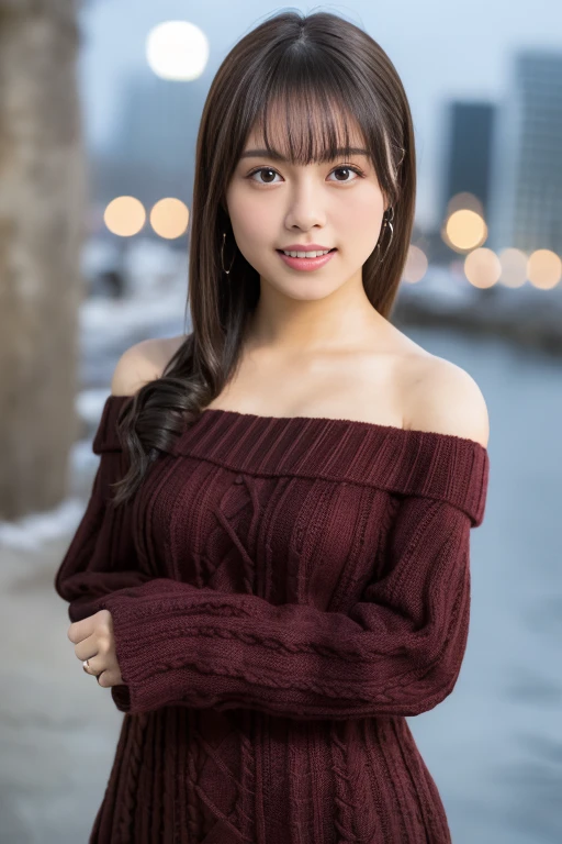 1girl, (off-shoulder knit top:1.4),(RAW photo, best quality:1.4), (realistic, photo-realistic:1.4), masterpiece, an extremely delicate and beautiful, extremely detailed, 2k wallpaper, Amazing, finely detail, extremely detailed CG unity 8k wallpaper, ultra-detailed, highres, soft light, beautiful detailed girl, extremely detailed eyes and face, beautiful detailed nose, beautiful detailed eyes,cinematic lighting,(blurry,bokeh backgound:1.6),(night, city:2.2),perfect anatomy,(slender body:1.4),(close up face:1.8),(smile,Friendly, warm:1.6),(looking at viewer:1.8),(japanese idol:1.4), (brown hair:1.6), (brown eyes:1.4),(cleavage:0.8),  (standing:1.8),   <lora:emoriaya_lora-10:0.8>