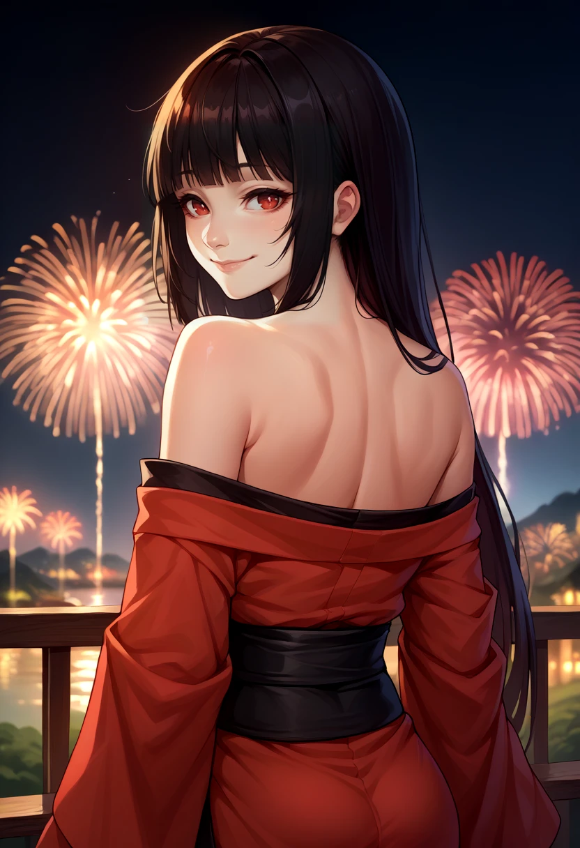 score_9, score_8_up, score_7_up, source_anime, from behind, solo, 1girl, jabami yumeko, smile, closed mouth, looking back, hime cut, red eyes, red kimono, off shoulder, black sash, bare shoulders, fireworks <lora:kakegurui_jabami_ponyXL:1>