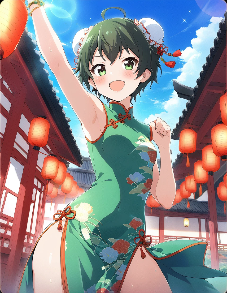 1girl,<lora:batogasubaru:0.9>,batogasubaru,chinese clothes,green eyes,china dress,dress,short hair,solo,ahoge,jewelry,bracelet,double bun,open mouth,smile,bun cover,lantern,armpits,paper lantern,:d,sky,looking at viewer,day,green dress,blue sky,green hair,sleeveless,fighting stance,black hair,lens flare,blush,side slit,cloud,outdoors,hair ornament,sparkle,arm up,east asian architecture,floral print,alternate costume,
ultra resolution image,
masterpiece,best quality,