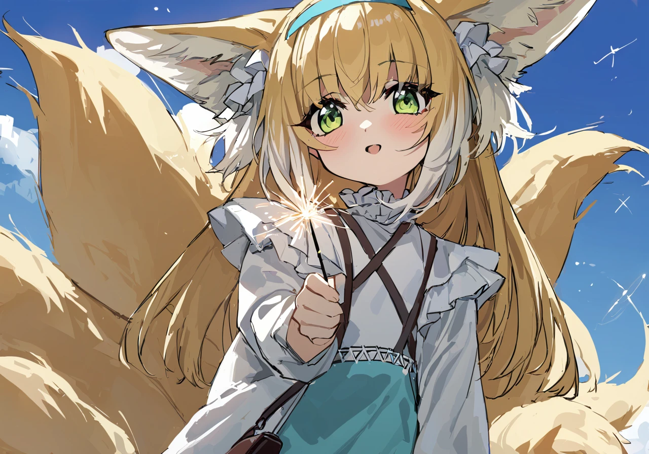 (masterpiece),(highest quality),highres,(an extremely delicate and beautiful),(extremely detailed),blue sky,cloud,cumulonimbus cloud,scenery,sky,summer,<lora:lapis_xl_v1:1>,blurry,solo focus, 
luoxiaohei,1girl,suzuran \(arknights\),animal ears,blonde hair,fox ears,green eyes,long hair,hairband,tail,fox tail,<lora:suzuran_luoxiaohei_xl_v1-000008:1>,:d, blush, hand up, looking at viewer, open mouth, senkou hanabi, smile, solo, sparkler,