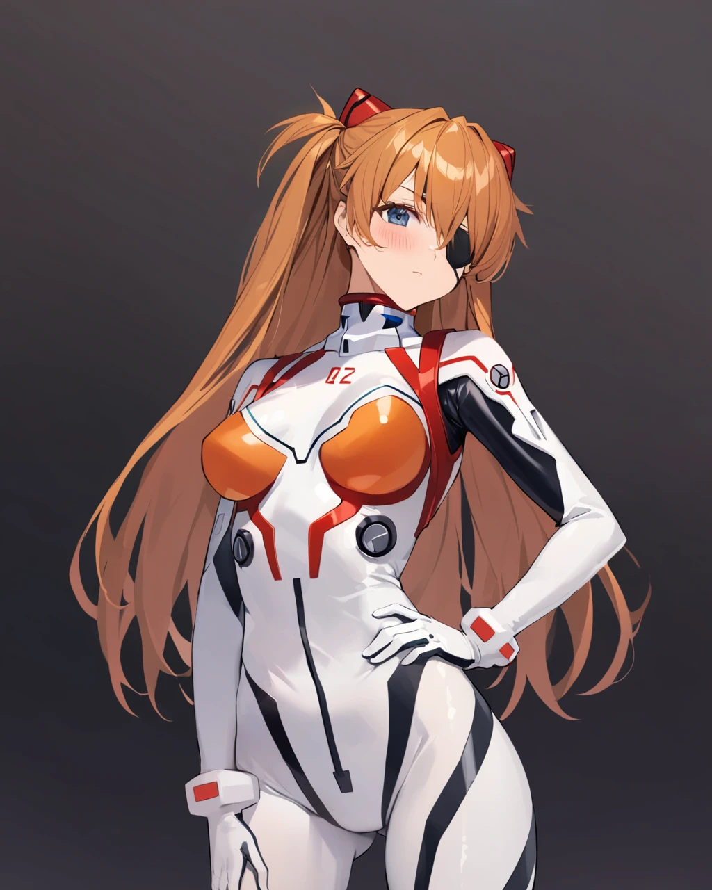 best quality, masterpiece,  skin_tight, bodysuit, ahoge, ass_visible_through_thighs, eyepatch, hand_on_own_chest, evangelion:_3.0+1.0_thrice_upon_a_time, headgear, science_fiction, 1girl, rebuild_of_evangelion, cowboy_shot, pilot_suit, hair_ornament, solo, black_background, closed_mouth, standing, neon_genesis_evangelion, souryuu_asuka_langley, simple_background, looking_at_viewer, white_bodysuit, medium_breasts, hand_on_own_hip, two_side_up, plugsuit, blush, breasts