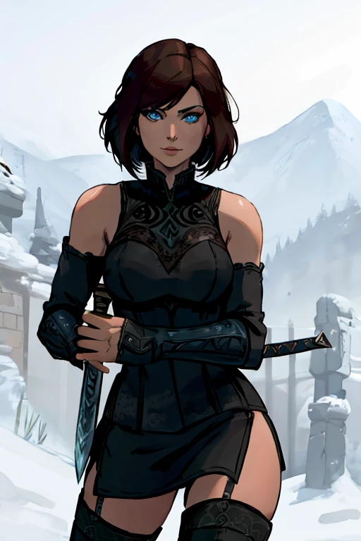 holding (sword:1.2), <lora:4mal3a:1> woman with the same face as 4mal3a preparing for battle with a sword, blue eyes,   <lora:Skyrim-DX-Celes-Nightingale-Outfit v2:0.8> skyrim-dx-celes-nightingale-outfit,fingerless gloves, bare shoulders, thighhighs, thigh boots