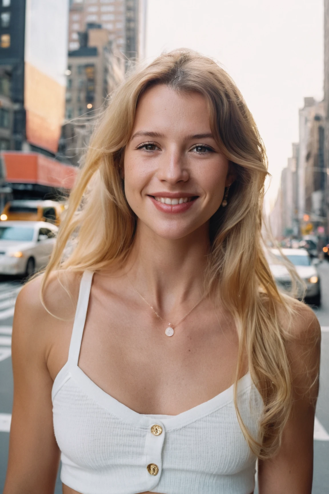 Leica Hasselblad portrait, hyperdetailed Photography, A beautiful portrait photograph of ohwxagl:1.1), perfect beautiful eyes, at the middle of the street of new york, she look at camera, Large view, she wears a white sexy crop top, sunny day, moody atmosphere by David Hamilton, <lora:angele_SDXL_v2:0.8>, detailed eyes, long hairs, (large smile:1.4),( diffusion soft filter:1.1), <lora:RMSDXL_Enhance:0.5>, natural face without makeup, (freckles:0.4), ohwxagl is happy