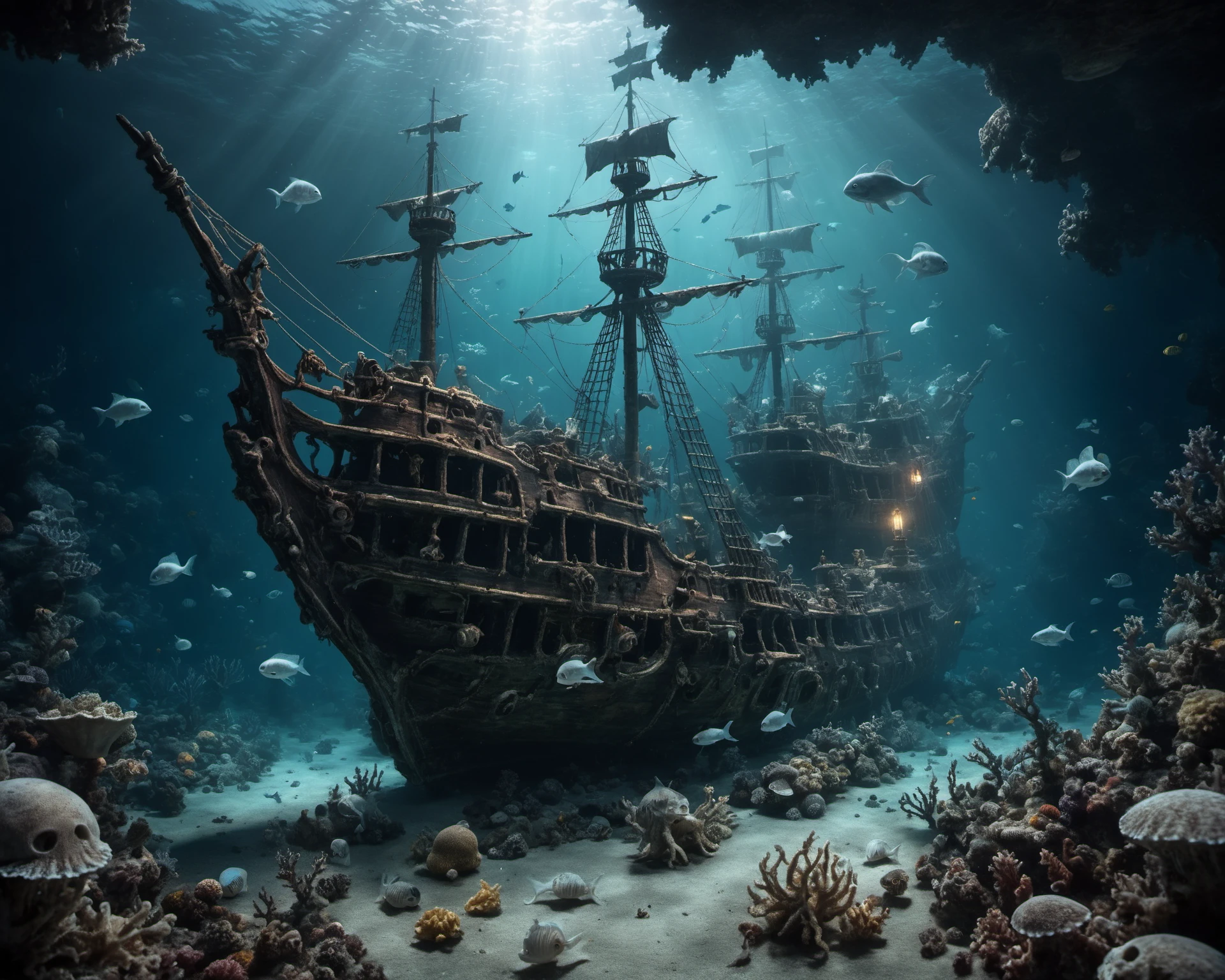 A deep underwater scene with a sunken pirate ship, cannons, surrounded by ghostly sea creatures in the dark waters, light shafts