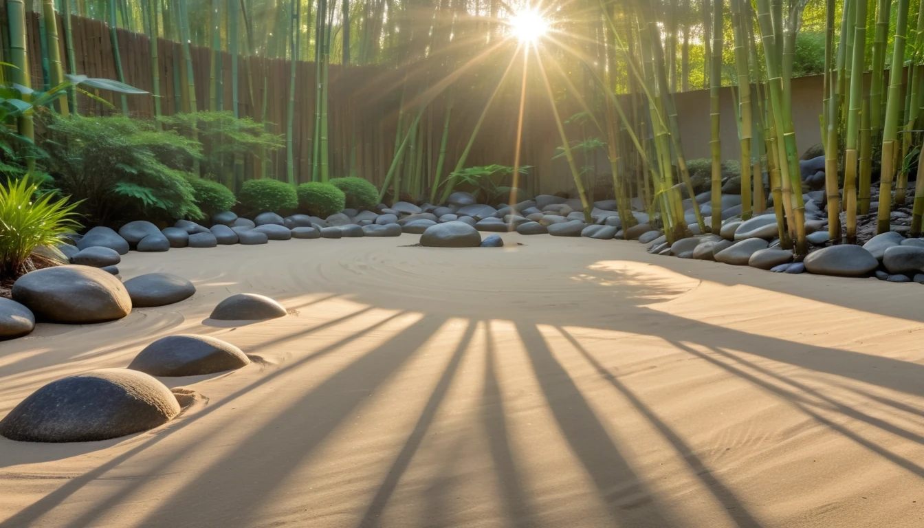 A serene Zen garden at sunrise, perfectly raked sand, a few strategically placed rocks, the sound of a bamboo water feature, and the first light of day casting long shadows.

