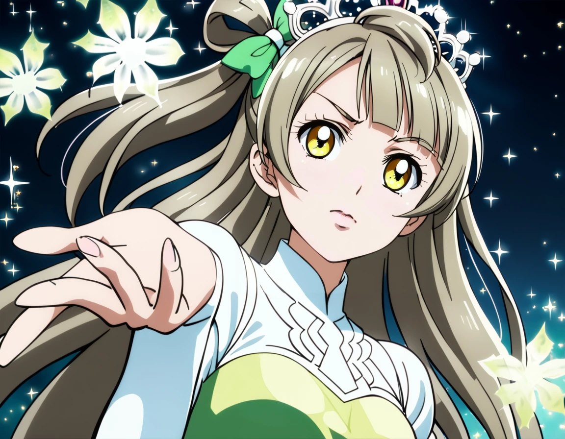 1girl,
minami kotori, love live!
green Dress,tiara,
serious,
<lora:okakugohayorosikuteXL4:1>,okakugohayorosikute,reaching out,green background,(sparkle:1.2),(light particles,:1.3),
portrait,dynamic angle,
masterpiece, best quality, ultra detailed, highres,4k,(ultra-detailed:1.4) (illustration:0.5), (ray tracing,:0.8),(anime colored:0.7),(ai-generated:0.5),