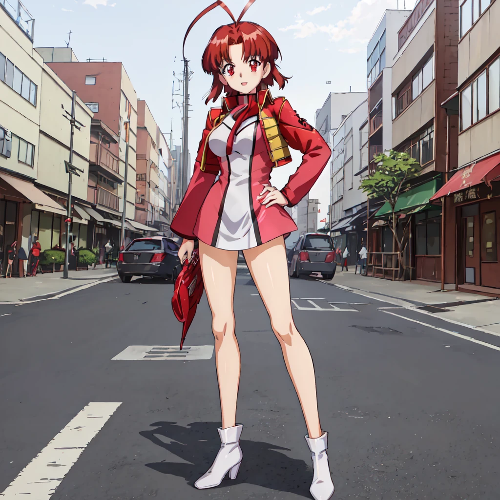 <lora:Mikoto_Utsugi-10:1>outdoor,street,Masterpeace,high quality, Mikoto_Utsugi, 1girl, solo,short hair, red eyes, long sleeves, red hair, uniform, antenna hair, cropped jacket, standing, full body, hand on hip