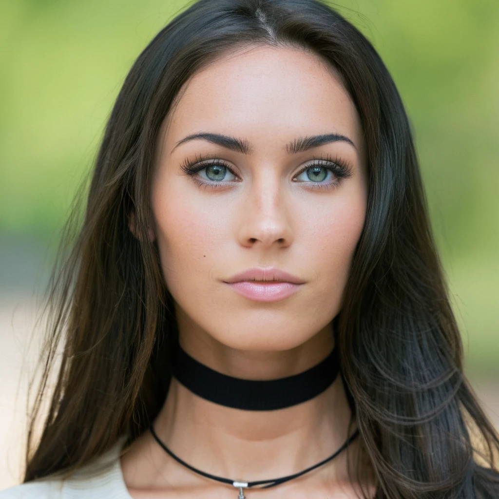 Skin texture, no makeup, Super high res closeup portrait photo of a stunning woman outdoors with straight hair, wearing a small string choker around her neck,f /2.8, Canon, 85mm,cinematic, high quality,looking at the viewer,    <lora:megfox_xl_1_standard_merger_23_41_07_03:1>