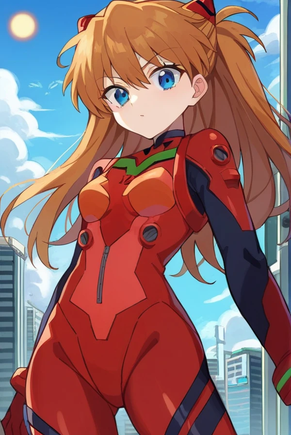 score_9, score_8_up, score_7_up, score_6_up, score_5_up, score_4_up,
BREAK source_anime, 
asukalangley, <lora:asuka_langley_soryuu-sdxl-lora-nochekaiser:1>,
asuka langley soryu, long hair, bangs, blue eyes, brown hair, hair ornament,
bodysuit, pilot suit, plugsuit, (red bodysuit:1.5), interface headset,
outdoors, city, cityscape, sky, sun, clouds,
looking at viewer, cowboy shot,