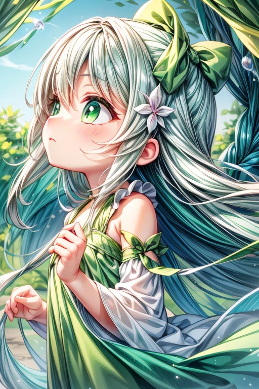 EarthKawaii,(green theme:1.3),best quality,Epic,highly detail,Illustration,Cover,enigmatic figure,draped in translucent fabric,crystals adorning hair,dreamlike swirl,pastel hues,soft light,evoking calm serenity and elusive beauty,Non-representational,colors and shapes,expression of feelings,imaginative,highly detailed,professional_artwork,cute,kawaii,from_side