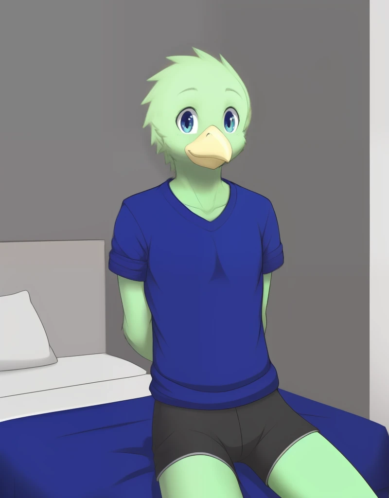 (((detailed eyes, detailed face))), (furry, yuuki <lora:character_yuuki_findigo_v1:0.9>, green skin, green hair, spiked hair, bird boy, avian), male, (solo), (plump), (blue shirt, black boxer briefs, black male underwear), sitting, (arms behind back), smile BREAK (konzaburou, ukan_muri, cute), (bedroom), (flat shading, flat color, high brightness), 8k, UHD, masterpiece, (full body)