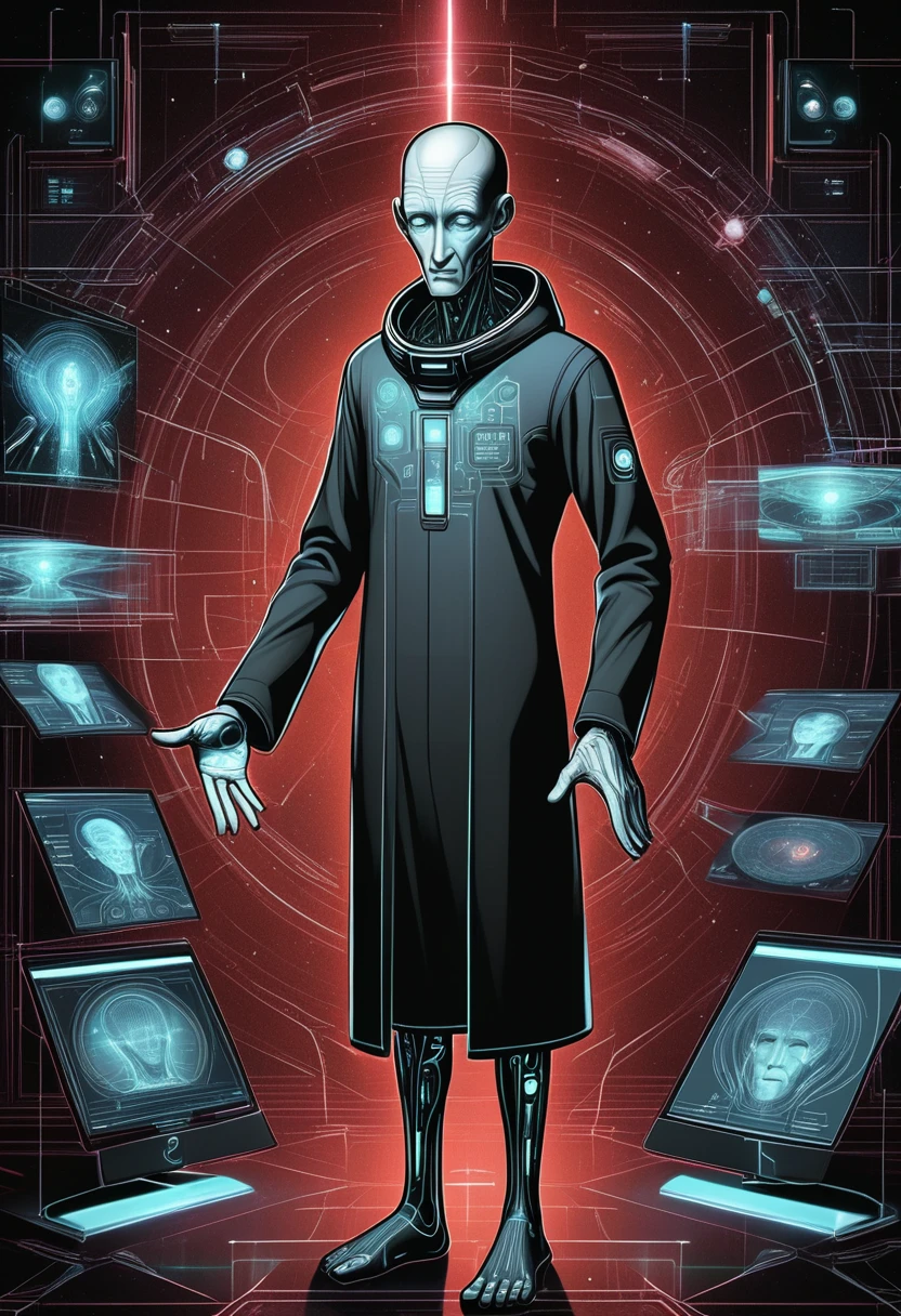 DonMN01rXL anime male neural interface surgeon, aging gracefully graceful, south asian, black eyes, round nose, low jawline, smooth cheeks, sloping forehead, long face shape, delicate hands, , ruby red angular fringe hair, regret, gesturing in a non-verbal exchange with an extraterrestrial being., wearing cybernetic board shorts, graphene hooded sweatshirt, reactive socks, holographic collar ,,, gesturing in a non-verbal exchange with an extraterrestrial being., holographic projections, humans relying on ai for decision-making and governance , <lora:DonMN01rXL-000008:0.8>