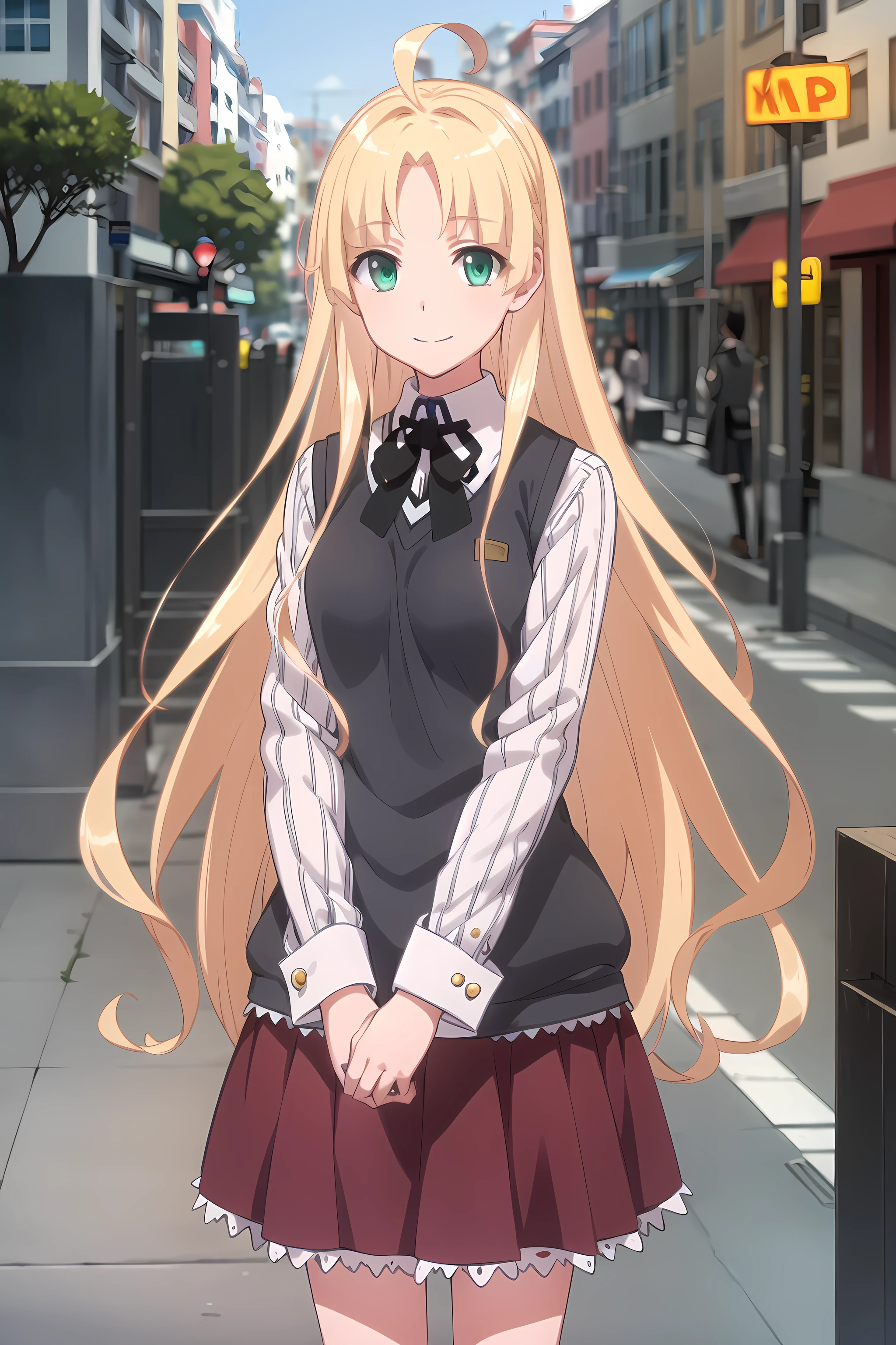 best quality, masterpiece, detailed,
<lora:HighSchoolDxD_AsiaArgento:0.9>, AsiaArgento,
1girl, closed mouth, smile,
blonde hair, long hair, parted bangs, ahoge, green eyes,
striped shirt, neck ribbon, long sleeves, black ribbon, sweater vest, black vest, purple skirt,
standing, looking at viewer, arms at sides,
outdoors, city, street