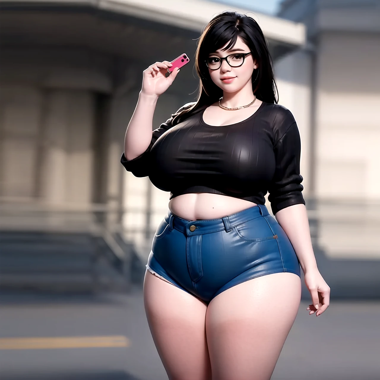 (masterpiece:1.2, best quality), 1girl, PerfectBBW, chubby, belly flaps, bbw, warm smile, black hair, glasses, long hair, casual clothes, wide hips, thin waist <lora:FugTrupMei-000009:0.75>