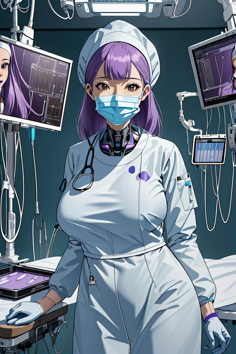 (RAW photo, best quality), 1girl, operating room, overhead surgical light, dslr, blurred background, focused,
 <lora:cyber_surg_v1.0-000006:0.8> cybr_surg, 1girl, solo, latex gloves, surgical mask,cybernetic outfit,long sleeves,surgical cap,
 <lora:HibinoYayoi2:0.5> (hibinoyayoi, purple hair, long hair, huge breasts, brown eyes, lipstick),