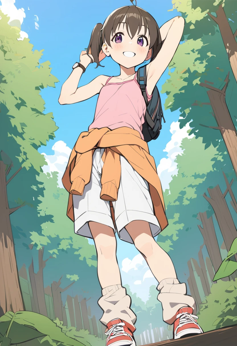 1girl, kuraue hinata, solo, smile, twintails, bag, purple eyes, clothes around waist, full body, backpack, grin, looking at viewer, ahoge, standing, sneakers, black hair, socks, armpits, red footwear, arm up, pink shirt, white shorts, blush, loose socks, bracelet, short twintails, short hair, bare shoulders, jacket around waist, collarbone, jewelry, sleeveless shirt, brown hair, orange jacket, teeth, bare arms, sweater, from below, sweater around waist, pink camisole, watch, brown legwear, arm behind head, pants, pink tank top, hand up, head tilt, :d, hand in hair, hair between eyes, open mouth, wristwatch, white legwear, pink footwear, eyebrows visible through hair,
tree, leaf, blue sky, cloud, forest, masterpiece, best quality <lora:kuraue_hinata_sdxl_locon_ani_v1:0.7>
