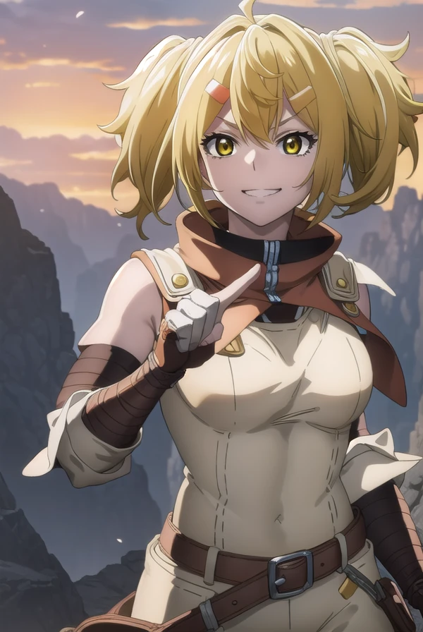 oikatzo, <lora:oikatzo s1-lora-nochekaiser:1>,
oikatzo, blonde hair, hair ornament, twintails, (yellow eyes:1.3), hairclip, short twintails, smile, grin,
BREAK gloves, belt, fingerless gloves, red gloves,
BREAK outdoors, forest,
BREAK looking at viewer, (cowboy shot:1.5),
BREAK <lyco:GoodHands-beta2:1>, (masterpiece:1.2), best quality, high resolution, unity 8k wallpaper, (illustration:0.8), (beautiful detailed eyes:1.6), extremely detailed face, perfect lighting, extremely detailed CG, (perfect hands, perfect anatomy),