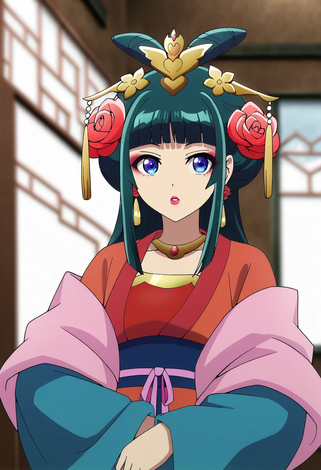 1girl, maomao, <lora:maomao_ponyxl_v1:1>, solo, green hair, long hair, blue eyes, BREAK
majestic hairstyle, blunt bangs, big hair flower, hair flower, red rose, sidelocks, long sidelocks, hair ornament, flower, golden hair ornament, half updo, BREAK
majestic dress, dark green hanfu, chinese clothes, sleeves past fingers, very wide sleeves, red hanfu, pink shawl, BREAK
gold necklace, earrings, gold earrings, makeup, lipstick, pink eyeliner, BREAK
upper body, open mouth, hands in opposite sleeves, BREAK
indoors, blurry background, BREAK
score_9, score_8_up, score_7_up, score_6_up, score_5_up, score_4_up, anime