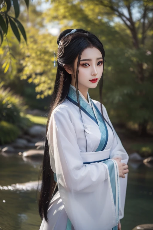 ltra-detailed,highly detailed,best quality,masterpiece,illustration,realistic,photorealistic,
1girl, solo, 
xiaobai, hanfu, chinese clothes, wide sleeves, long sleeves, see-through, sash,
jewelry, tassel, hair ornament, 
long hair, 
looking at viewer, upper body, 
outdoors, tree, rock, day, photo background, sunlight, scenery, nature, water, 
 <lora:xiaobai_v1_07:0.7>