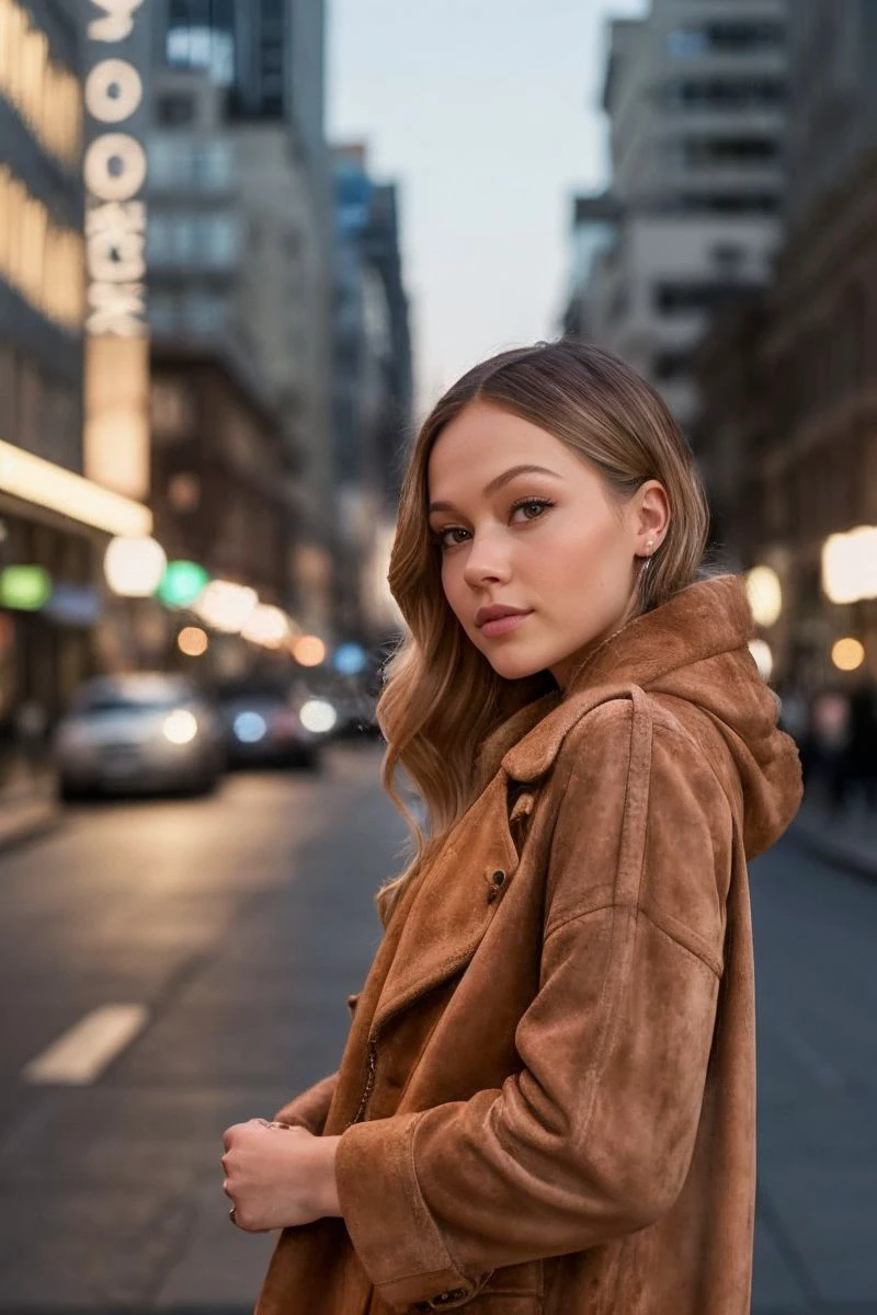 photo of S332_KelliBerglund,a stylish woman,in a (city:1.1),wearing a (suede-coat:1.1),(night),(4k, RAW photo, best quality, depth of field, ultra high res:1.1),(absurdres, intricate, photorealistic, masterpiece, ultra-detailed:1.1),