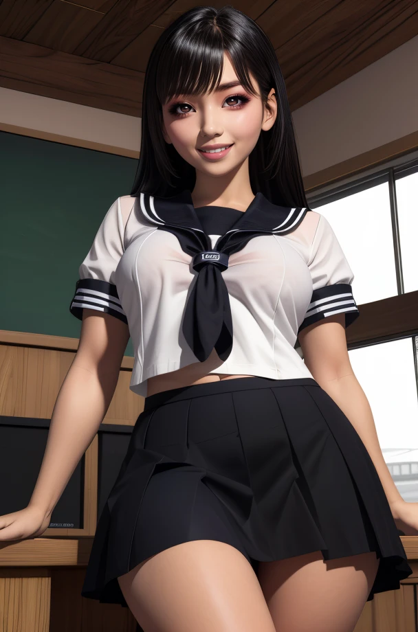 Itoha,brown eyes,black hair,long hair,bangs,
sailor collar,black skirt,black school uniform,black shirt,
home,indoors,smile,
(insanely detailed,masterpiece, best quality),solo,<lora:ItohaKamiizumi:0.8>,