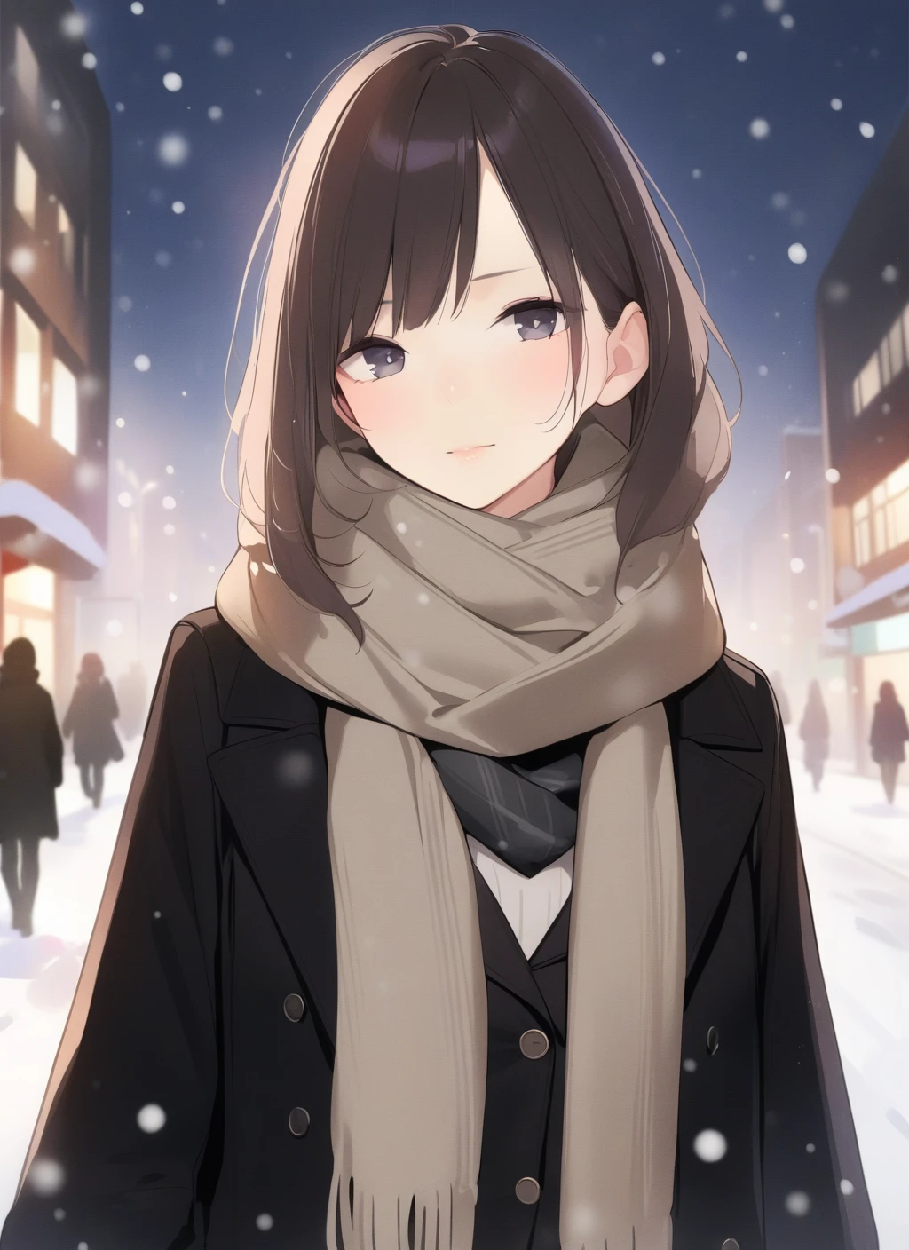 <lora:AmamitsukiStyle2_AnimagineXLV3-000020:0.8:lbw=sdxloutal> amamitsuki, 1girl, coat, winter, snowing, black thighhighs, scarf,upper body, looking at viewer, 
city,, masterpiece,best quality,