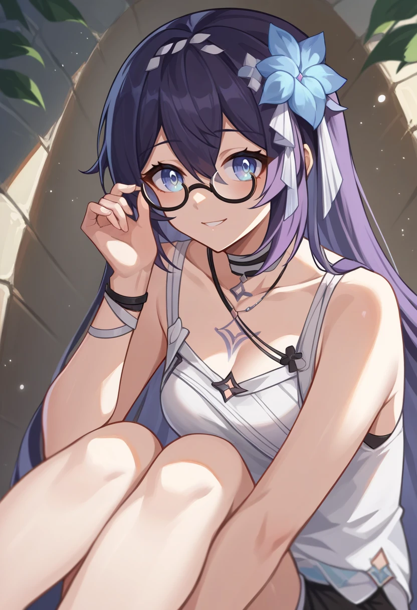 score_9, score_8_up, source_anime, <lora:wrenchseelehorbxl:0.9>,horb,short shorts, raised tank top, semi-rimless eyewear, smile,