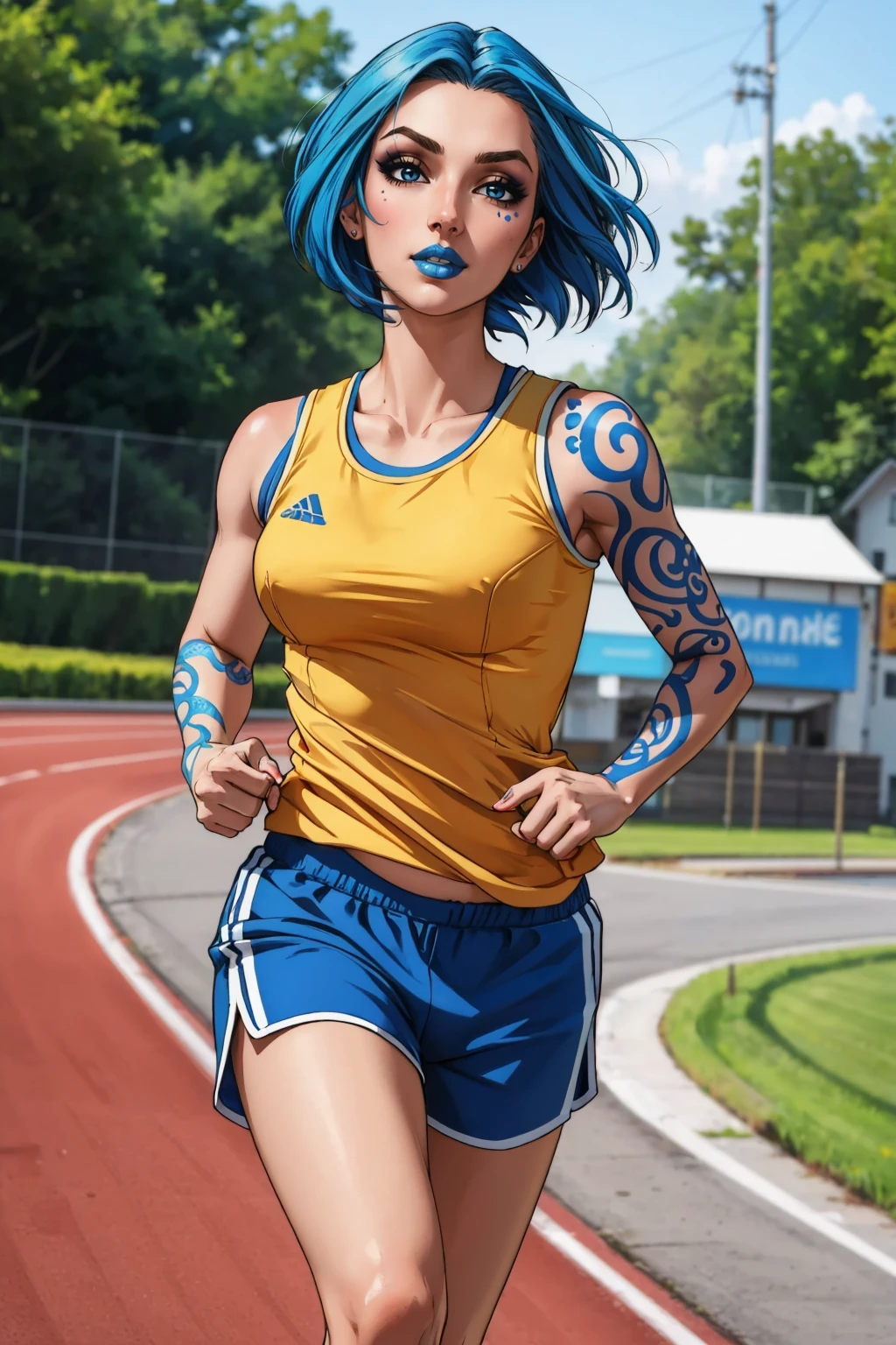 masterpiece, best quality, 1girl, solo, breasts, <lora:mayabl2-guy-v3:.85>, mayabl2, tattoo, makeup, blue lips, track suit, outdoors, tank top, shorts, running,