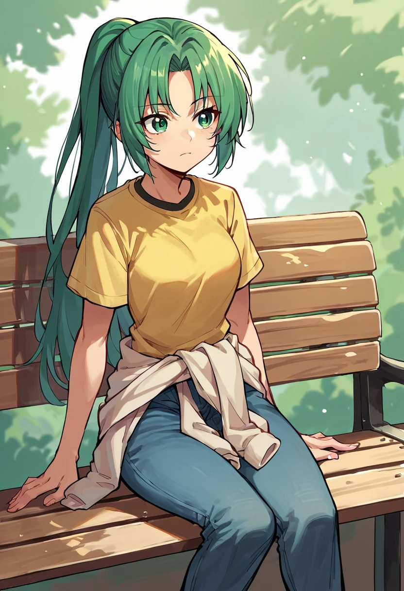 score_9, score_8_up, score_7_up, score_6_up, score_5_up, score_4_up, source_anime, Mion Sonozaki, green eyes, ponytail, yellow T-shirt, clothes around waist, jeans, 1girl, solo, sitting on bench, <lora:MionPonyN-000017:1>,