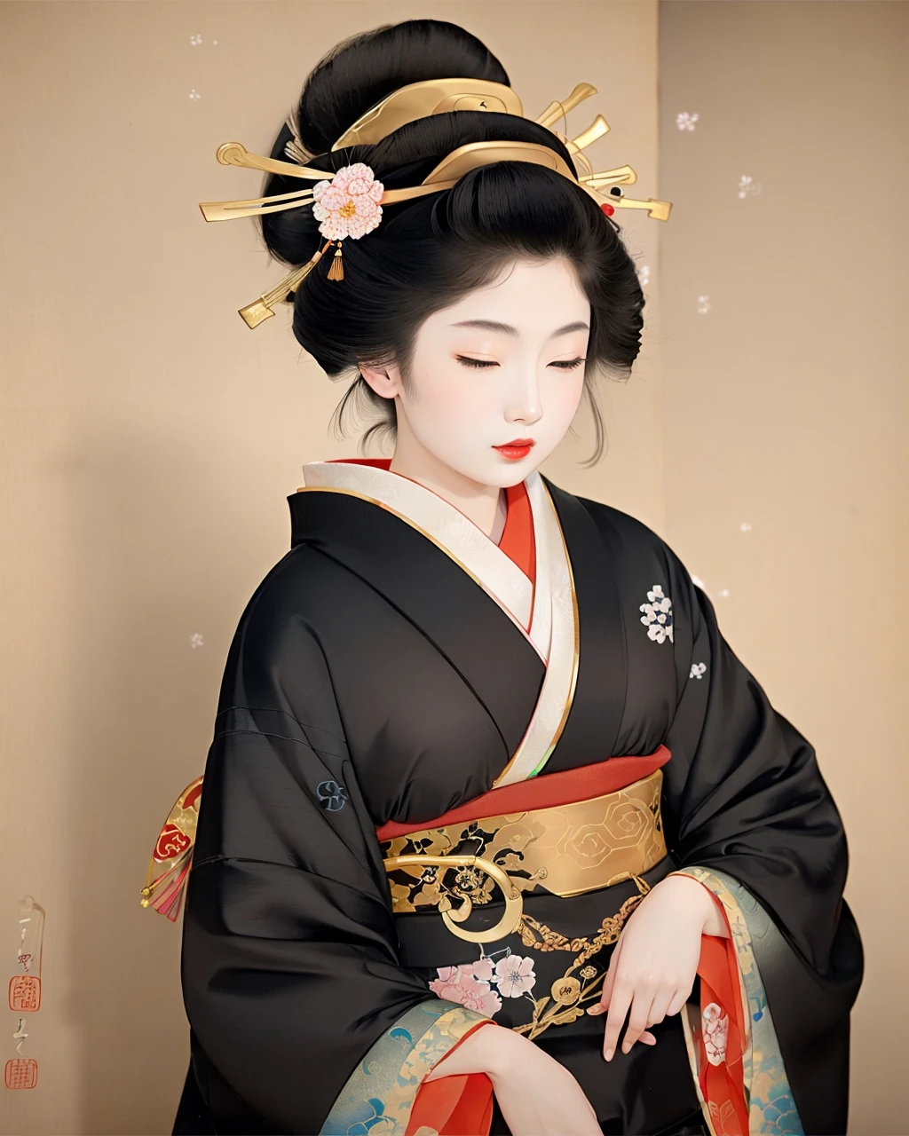 best quality,masterpiece,highly detailed,ultra-detailed,
(uemura-shoen, nihonga:1.3)
<lora:neg4all_bdsqlsz_V3.5:-1>
<lora:Uemura-Shoen:1>1girl, black hair, black kimono, closed eyes, hair ornament, japanese clothes, kanzashi, kimono, lipstick, long hair, long sleeves, nihonga, obi, pale skin, red lips, sash, , white flower