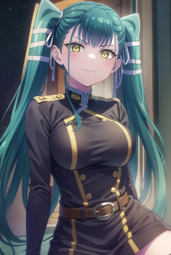 yachihoazuma, <lora:yachiho azuma s1-lora-nochekaiser:1>,
yachiho azuma, long hair, twintails, hair ribbon, aqua hair, (yellow eyes:1.3), smile, smirk,
BREAK thighhighs, gloves, jewelry, earrings, boots, shorts, belt, uniform, military, military uniform, thigh boots, epaulettes, black military uniform,
BREAK outdoors, space, starry sky, star \(sky\), moon,
BREAK looking at viewer, (cowboy shot:1.5),
BREAK <lyco:GoodHands-beta2:1>, (masterpiece:1.2), best quality, high resolution, unity 8k wallpaper, (illustration:0.8), (beautiful detailed eyes:1.6), extremely detailed face, perfect lighting, extremely detailed CG, (perfect hands, perfect anatomy),