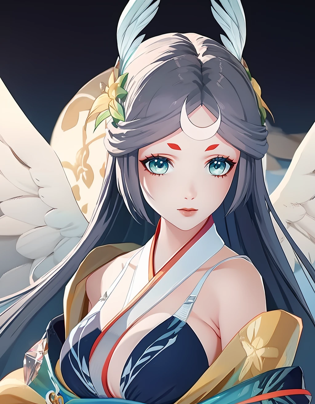 yinfanhuiyeji,extremely detailed cg 8k wallpaper,extremely delicate and beautiful,ultra-detailed,(8k, RAW photo, best quality, masterpiece:1.2),(realistic, photorealistic:1.3),2.5d art style:1.3,(facing the camera:1.3),wings,barefoot,(crystalstexture skin:1.2),<lora:YINFAN-000010:0.8>,1girl,flower,lily_pad,solo,breasts,long_hair,uncensored,black_hair,feet,lily_\(flower\),moon,full_moon,(breasts, medium_breasts, cleavage:1.3),