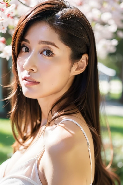  Highest quality, shape, Very detailed, finely, High resolution, 8k wallpaper, 完璧なダイナミックな構shape, Beautiful and exquisite,  Natural Lip, whole body, front,University Vegetable Garden、((Looking into the camera))、Brown Hair、Floral Bikini、Micro Bikini,(( Side bust)),((Under the chest)),Navel exposure、Exposed thighs、