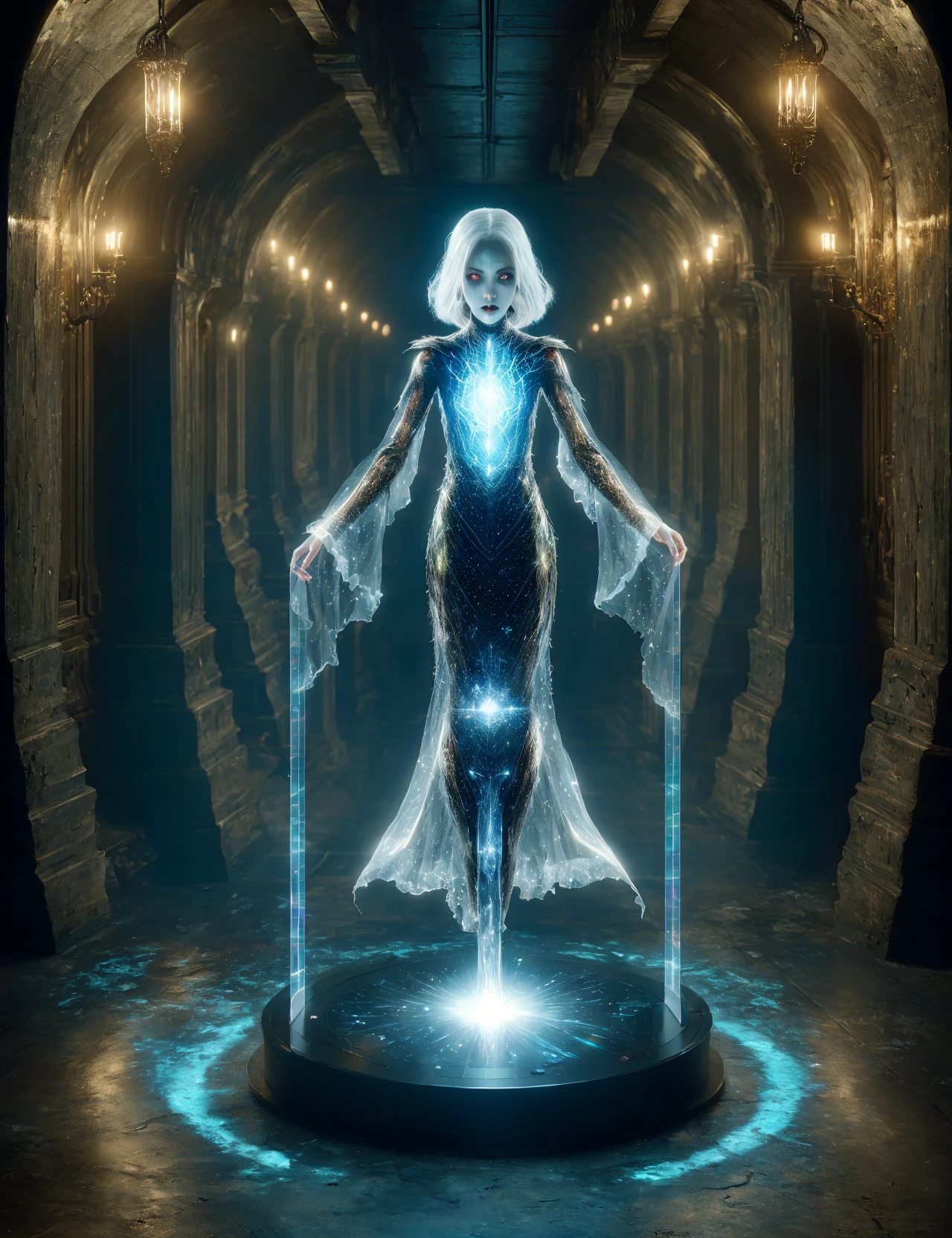 masterpiece, awesome quality, hyper detailed, DonMH010D15pl4y holographic display, female vampire counts crypt ghoul, ranger, <lora:DonMH010D15pl4y-000006:0.8>