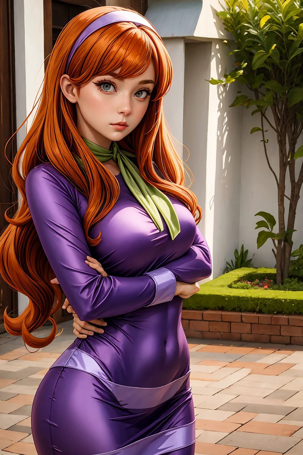 woman, orange hair, grey eyes, <lora:Daphne Blake Cosplay_v1:1> daphne blake cosplay, upper body