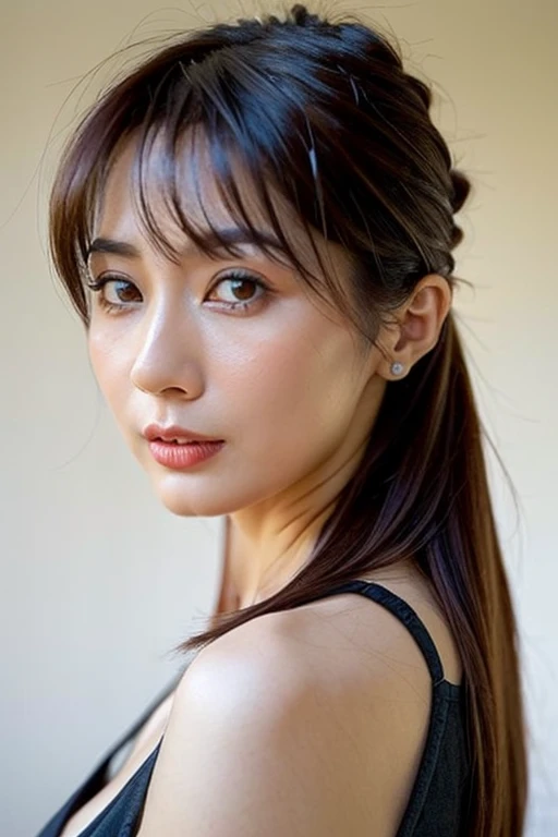 Best quality,masterpiece,ultra high res,(photorealistic:1.2),1girl,low key,slim body,undone hair,dynamic pose,face closeup,medium breasts,brown hair,<lora:joyce_peng:0.9>,
