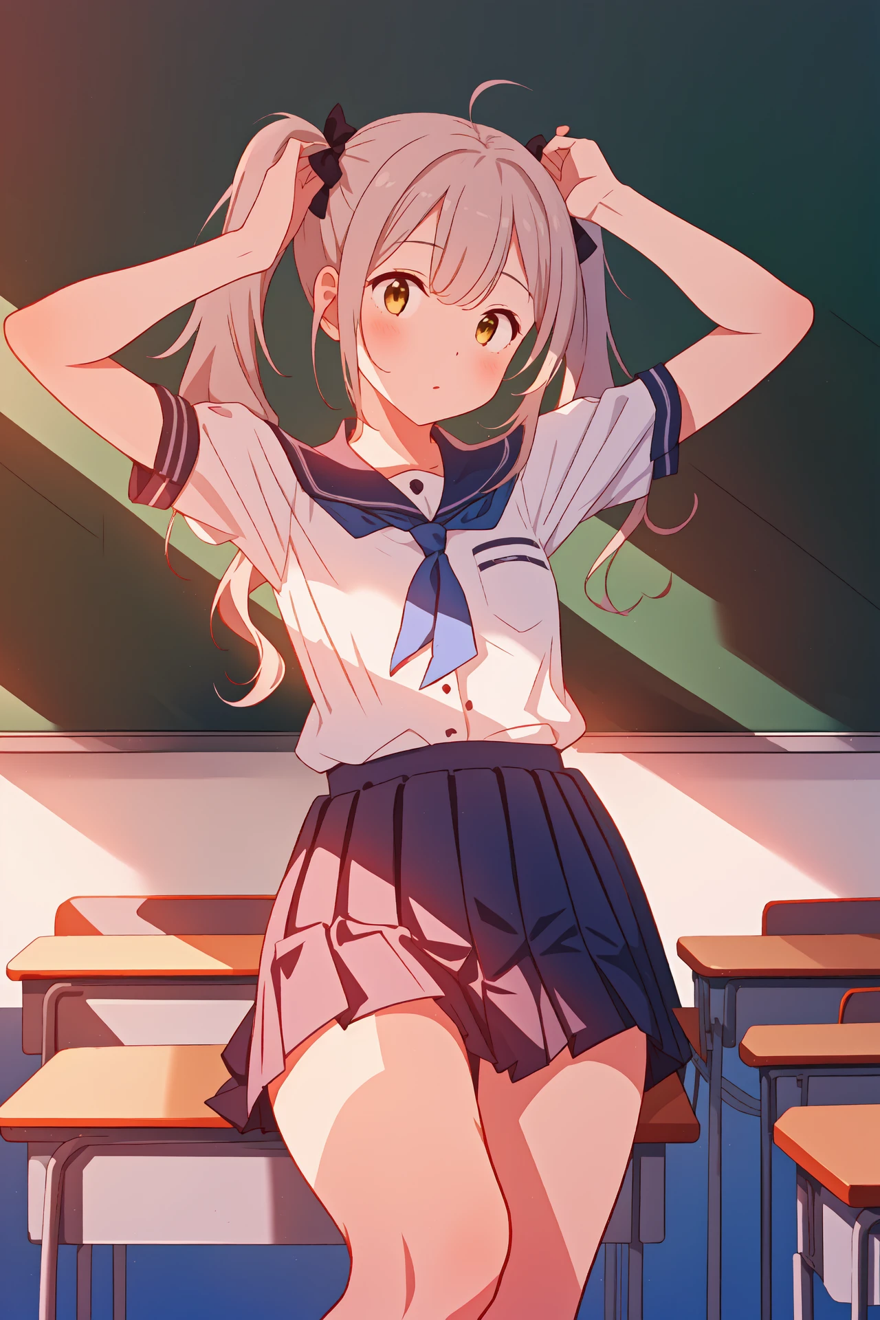 (best quality, masterpiece, highres),1girl,solo,pose,uneven twintails,peeping,classroom,chalkboard,school desk,chair,
<lora:a beam of light_v1.04:1>,light rays,