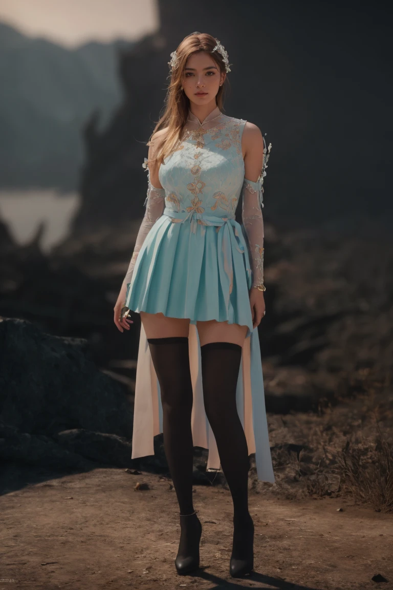 4k, 8k, ultra highres, raw photo in hdr, sharp focus, intricate texture, skin imperfections,detailed skin, realistic, detailed facial features, highly detailed face, posing,perfect lighting,long hair,standing,full body,simple background,<lora:LOAOutfit2:0.7>LOAOutfit2,black thighhighs