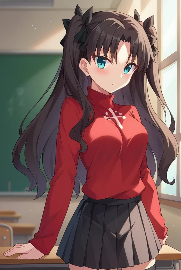 score_9, score_8_up, score_7_up, score_6_up, score_5_up, score_4_up,
BREAK source_anime, 
rintohsaka, <lora:rin_tohsaka_ubw-sdxl-lora-nochekaiser:1>,
rin tohsaka, aqua eyes, black hair, hair ribbon, long hair, ribbon, sidelocks, two side up, parted bangs
black skirt, black thighhighs, long sleeves, miniskirt, pleated skirt, red sweater, skirt, sweater, thighhighs, turtleneck,
indoors, classroom,
looking at viewer, cowboy shot,