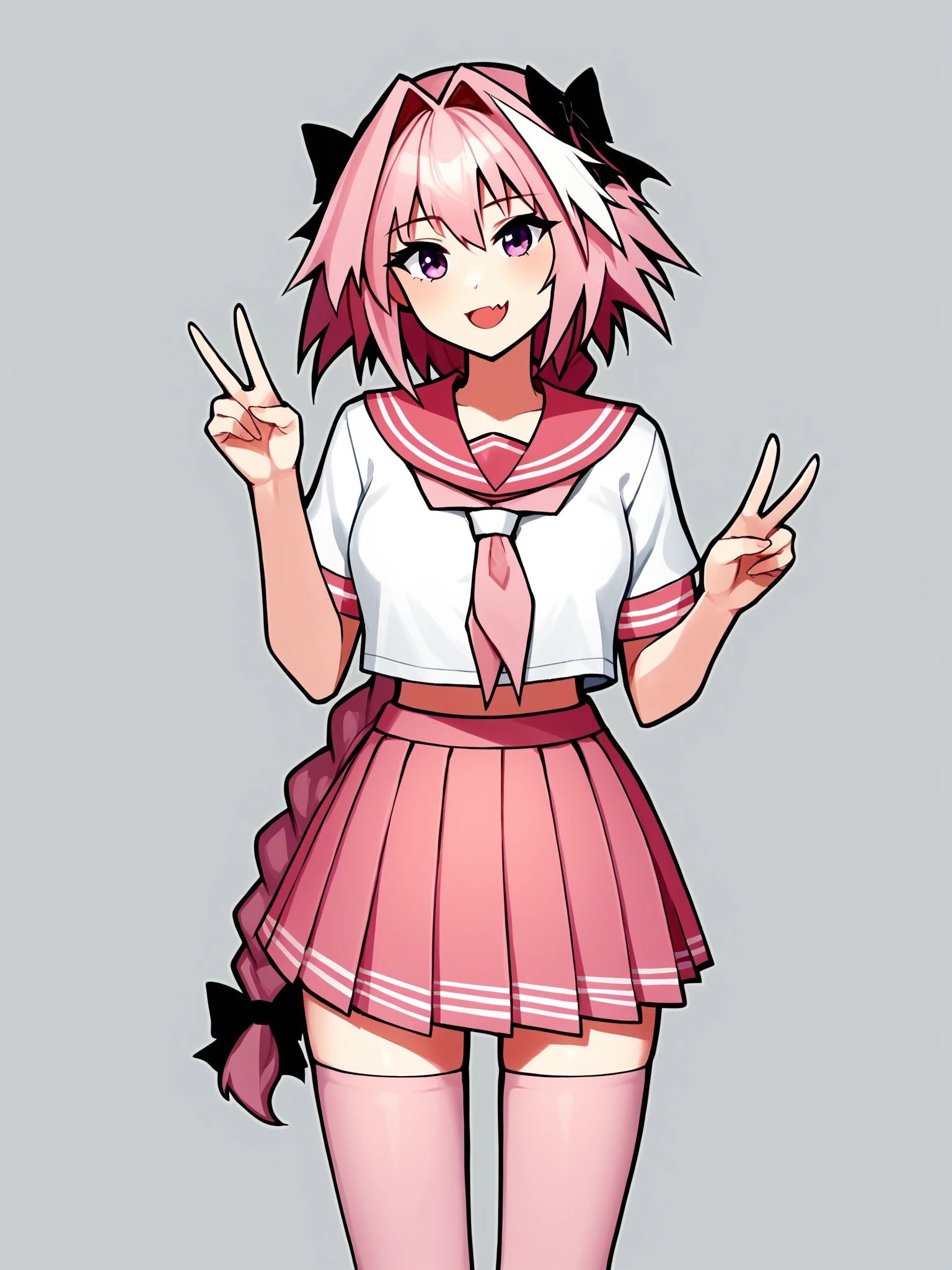 score_9, score_8_up, score_7_up, score_6_up, score_5_up, score_4_up, rating_safe
BREAK
astolfo \(fate\), otoko no ko, pink hair, braid,
BREAK
solo, standing, pink serafuku, white shirt, pink thighhighs, pink skirt, peace sign,
BREAK
white background, <lora:Lunas-AelionDraws-SDXL-A1:1>