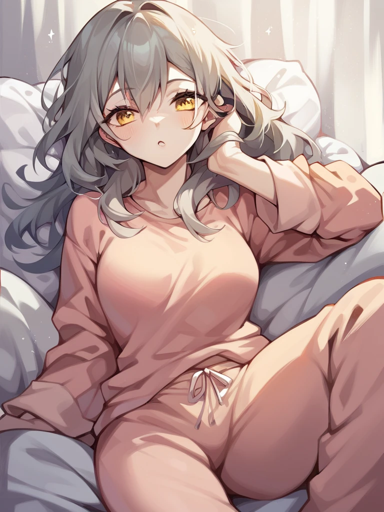 <lora:xl_stelle(pony):1>,stelle is a girl with long gray hair and yellow eyes,pajamas,, score_9,_up score_8_up,up score_7_up,up score_6_up,