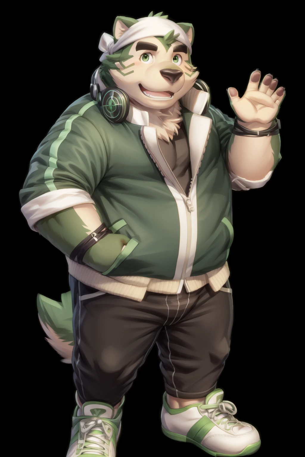 <lora:mokdai-09:1>, mokdai, green eyes, smile, (posing:1.3), (soft shading), 4k, hi res, ((detailed face, detailed)), by zackarry911, by zaush, (by personalami:0.5), looking at viewer, blush, simple background, 1boy, jacket, full body, male focus, shoes, pants, headband, headphones, black background, zipper, waving, headphones around neck
