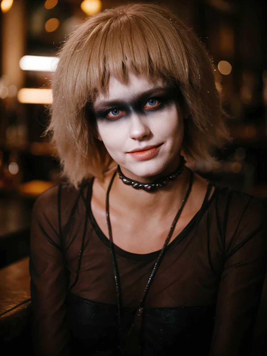 pr1s,blonde hair,(eye make-up:1.2),full body shot,sitting in a bar,dimly lit,black shirt,neck collar,volumetric fog,night,neon lights,raining,masterpiece,extremely detailed,intricated,add_detail,extremely detailed,masterpiece